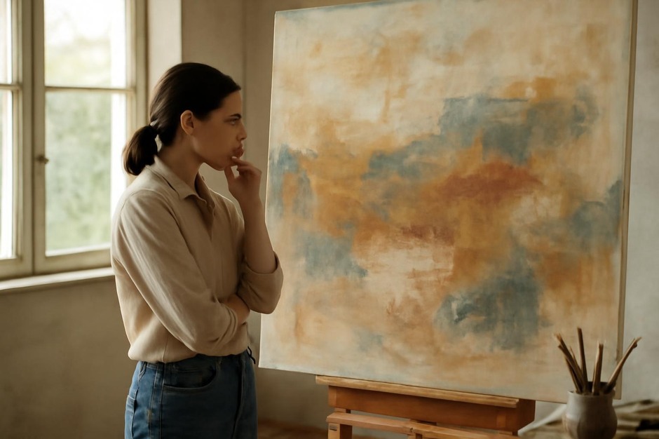 Artist standing before a large canvas, considering the work