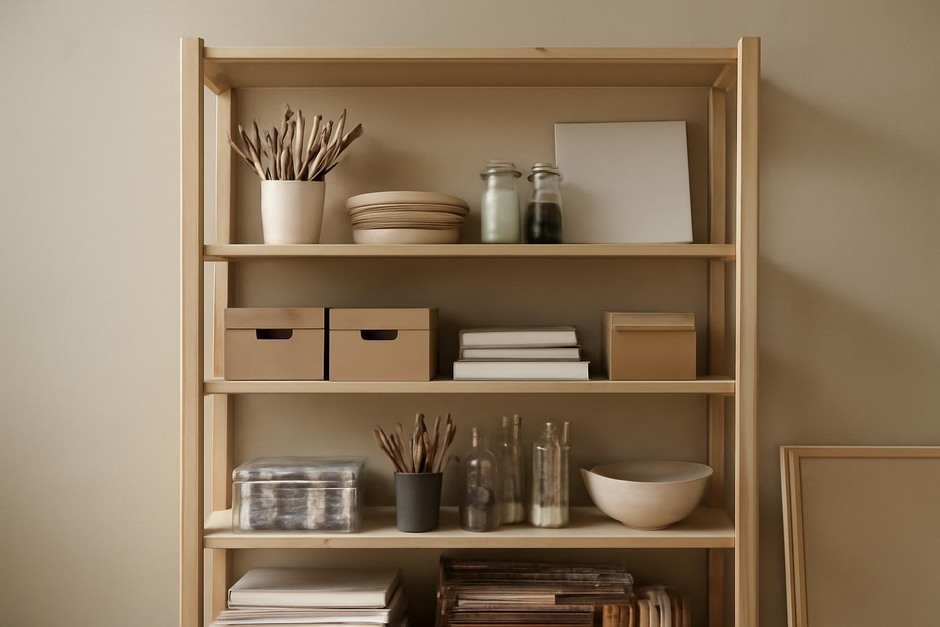 Wooden shelving with art materials neatly arranged