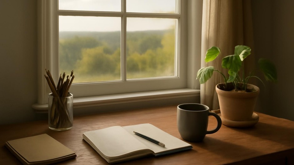 Studio window with morning light falling across a table