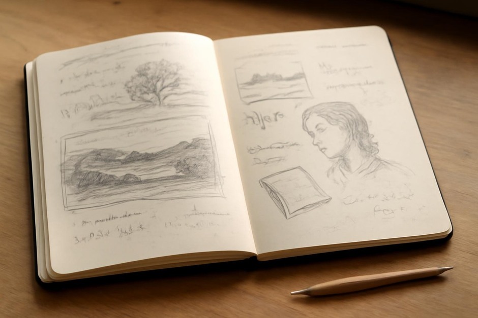 Open sketchbook with layered drawings and notes