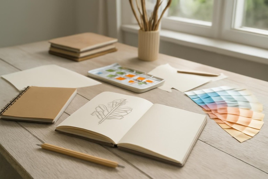 Abstract art desk with color swatches, brush marks, and sketchbook studies.