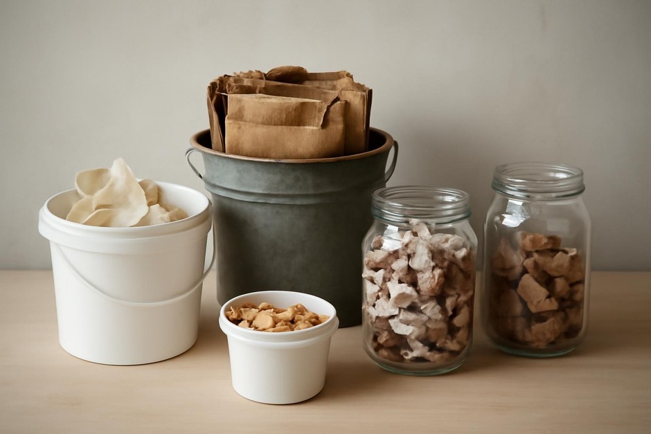 Buckets and jars for sorting reclaimed studio materials
