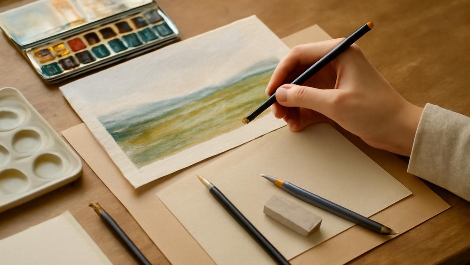 Bright studio image with paint textures, paper layers, and geometric color blocks.